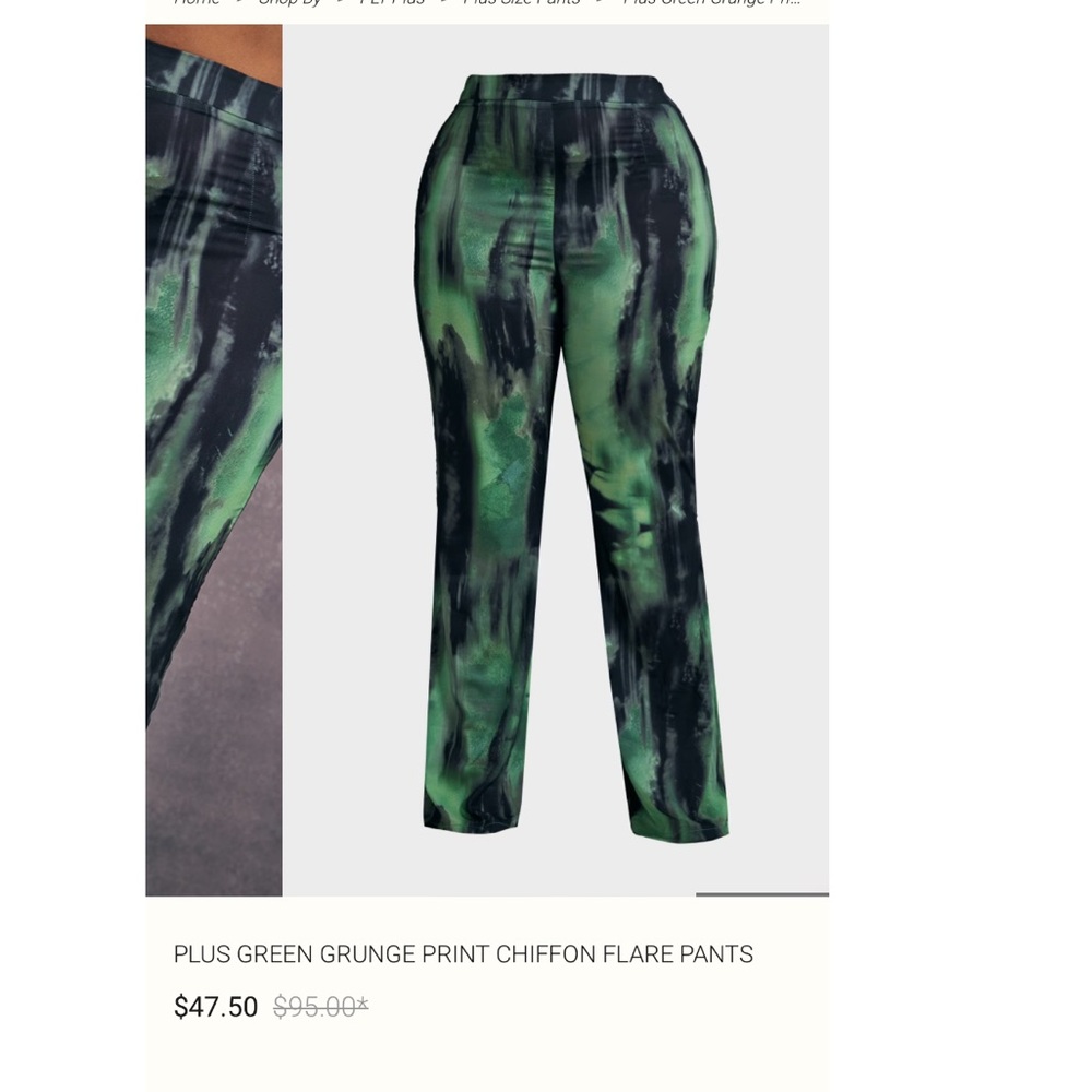 NWT PRETTY LITTLE THING Plus Green Grunge Print Chiffon Flare Pants SIZE 16 - Picture 7 of 7